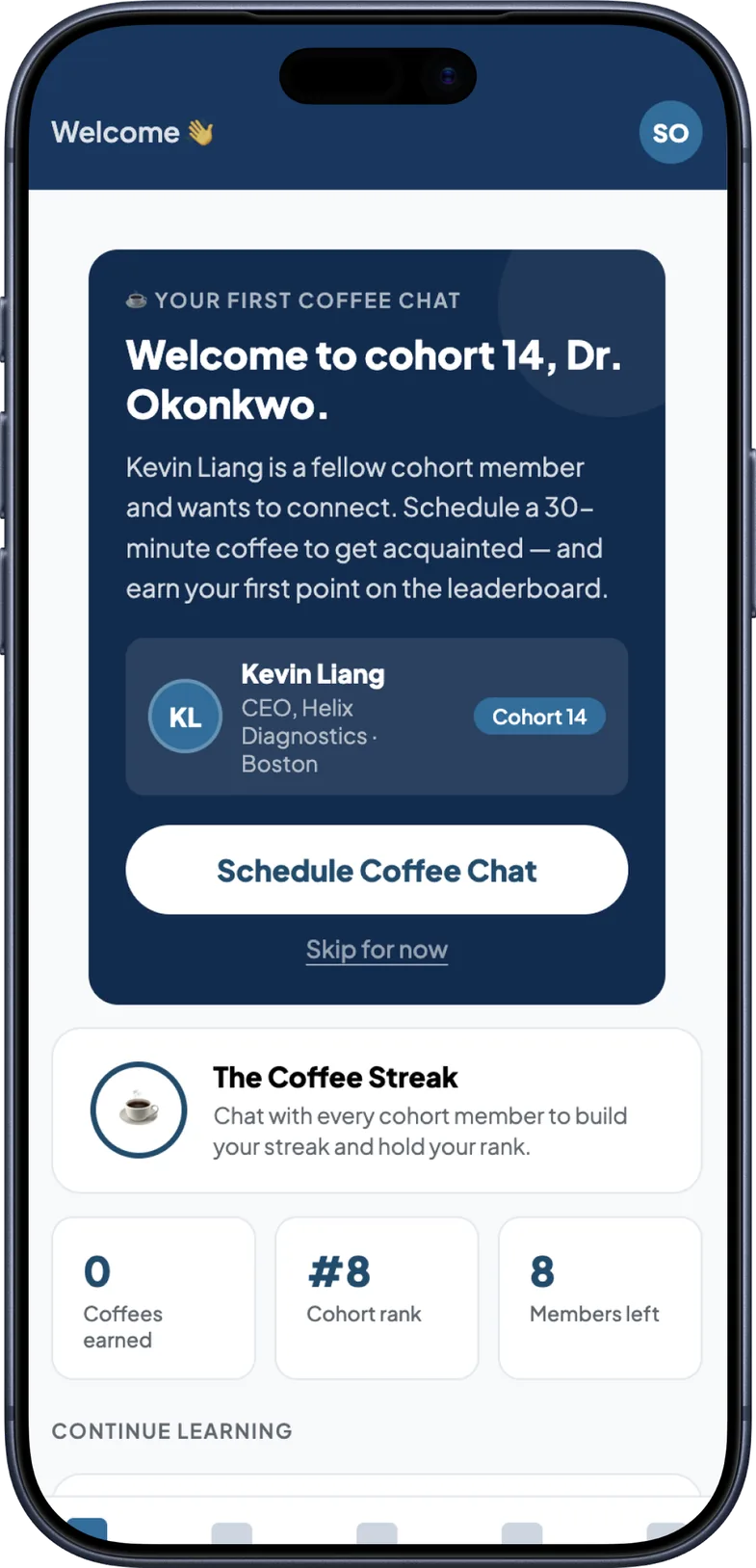 Warm Welcome prototype introducing a new member to one cohort peer with a Schedule Coffee Chat button